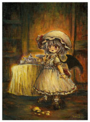 Rule 34 | absurdres, artist name, back bow, bat wings, bobby socks, bow, brown footwear, center frills, food, frilled shirt, frilled shirt collar, frilled skirt, frilled sleeves, frills, full body, hat, hat ribbon, highres, indoors, kouba, mob cap, open mouth, pudding, puffy short sleeves, puffy sleeves, purple hair, red bow, red eyes, red ribbon, remilia scarlet, ribbon, shirt, short hair, short sleeves, skirt, socks, standing, table, teapot, touhou, traditional media, white hat, white shirt, white skirt, white socks, wings, wrist cuffs