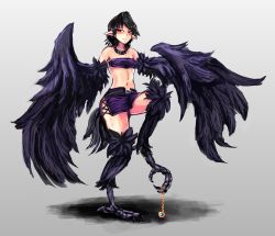 Rule 34 | 1girl, bare shoulders, belt, bird legs, bird tail, black feathers, black hair, black harpy, black skirt, black wings, blush, choker, commentary request, earrings, feathered wings, feathers, holding with feet, grey background, harpy, highres, jewelry, midriff, monster girl, monster girl encyclopedia, navel, necklace, pointy ears, red eyes, short hair, skirt, solo, standing, standing on one leg, tail, talons, udetamago, winged arms, wings