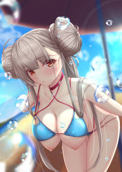 Rule 34 | 1girl, absurdres, ahoge, azur lane, bare shoulders, bent over, bikini, blue bikini, blue sky, blurry, blurry background, blush, braid, breasts, brown hair, choker, cleavage, closed mouth, collarbone, commentary request, criss-cross halter, day, depth of field, double bun, eyelashes, eyes visible through hair, formidable (azur lane), formidable (the lady of the beach) (azur lane), hair bun, hair rings, halterneck, hanging breasts, highres, large breasts, lens flare, long hair, looking at viewer, multi-strapped bikini bottom, multi-strapped bikini top, nipples, orange eyes, outdoors, sky, solo, spekkio36, swimsuit, very long hair, water drop