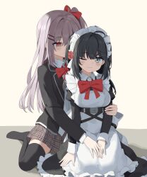 Rule 34 | 2girls, absurdres, ahoge, apron, arm grab, black footwear, black hair, black jacket, black thighhighs, blazer, blush, book, bow, bowtie, brown skirt, candy, chinese commentary, closed mouth, collared shirt, commentary request, dress shirt, food, grey bow, grey bowtie, grey eyes, hair bow, highres, jacket, long hair, long sleeves, maid, maid apron, maid headdress, maidcode1023, medium hair, multiple girls, no shoes, one eye closed, open book, original, pink hair, plaid, plaid skirt, pleated skirt, reading, red bow, red bowtie, red eyes, school uniform, shirt, side ponytail, sidelocks, simple background, sitting, skindentation, skirt, thighhighs, wavy mouth, white apron, white background, white shirt, yuri, zettai ryouiki