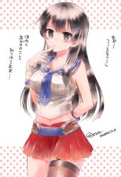Rule 34 | 10s, 1girl, :d, :t, agano (kancolle), black eyes, black hair, breasts, gloves, kantai collection, large breasts, long hair, looking at viewer, midriff, miniskirt, momoiro, navel, necktie, open mouth, pleated skirt, pout, red skirt, sailor collar, single thighhigh, skirt, sleeveless, smile, solo, thighhighs, translation request, white gloves