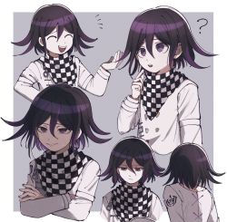 Rule 34 | 1boy, :d, ?, black hair, bojue (hakus 1128), border, buttons, checkered background, checkered clothes, checkered neckwear, checkered scarf, closed eyes, commentary request, crossed arms, danganronpa (series), danganronpa v3: killing harmony, double-breasted, flipped hair, from behind, frown, grey background, grey jacket, hand up, highres, jacket, laughing, long sleeves, looking at viewer, male focus, multicolored hair, multiple views, open mouth, oma kokichi, pale skin, purple eyes, purple hair, scarf, shirt, short hair, smile, smug, teeth, two-tone hair, upper body, upper teeth only, white border