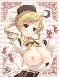 Rule 34 | 10s, 1girl, blonde hair, blush, breasts, detached sleeves, drill hair, fingerless gloves, gloves, hair ornament, hair ribbon, hat, large breasts, len togarti, long hair, looking at viewer, mahou shoujo madoka magica, mahou shoujo madoka magica (anime), nipples, no bra, open clothes, open shirt, ribbon, shirt, solo, tomoe mami, twin drills, twintails, upper body, yellow eyes