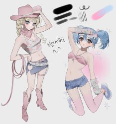 Rule 34 | 2girls, absurdres, animal print, aqua eyes, arm up, bamme o3o, bare shoulders, belt, bikini, bikini top only, black eyes, blonde hair, blue footwear, blush, boots, bow, braid, breasts, cleavage, closed mouth, clothing cutout, collarbone, cow girl, cow print, cowboy hat, denim, denim shorts, earrings, eyelashes, eyewear on head, full body, gloves, grey background, grey gloves, hand on headwear, hand on own ankle, hand on own hip, hat, heart, heart cutout, high heel boots, high heels, highres, holster, jewelry, lasso, long eyelashes, long hair, looking at viewer, mole, mole under eye, multiple girls, navel, open mouth, original, pink-tinted eyewear, pink belt, pink bikini, pink bow, pink footwear, pink headwear, pink thighhighs, shoes, shorts, simple background, skindentation, sneakers, sparkle, standing, swimsuit, thigh strap, thighhighs, tinted eyewear, torn, torn clothes, twintails, white-framed eyewear