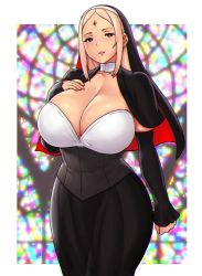 Rule 34 | 1girl, blonde hair, breasts, church, cleavage, cross, curvy, detached sleeves, dress, erkaz, facial mark, forehead mark, glass, hand on own chest, heart, heart-shaped pupils, highres, huge breasts, lips, looking at viewer, nun, original, sister pristine (tija kim), stained glass, symbol-shaped pupils