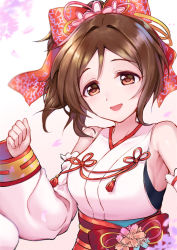 Rule 34 | 10s, 1girl, armpit peek, bare shoulders, breasts, brown eyes, brown hair, clenched hand, commentary request, detached sleeves, domyoji karin, hair ornament, idolmaster, idolmaster cinderella girls, idolmaster cinderella girls starlight stage, japanese clothes, looking at viewer, medium breasts, obi, sash, shirona002, smile, solo