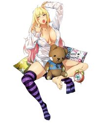 Rule 34 | 1girl, alarm clock, arm up, barefoot, blonde hair, blush stickers, clock, english text, feet, forearm at chest, full body, gradient hair, long hair, long sleeves, multicolored hair, no bra, no shoes, official art, open clothes, open mouth, open shirt, pillow, pink hair, shatte judevesten, shiny skin, shirt, single thighhigh, soles, solo, star (symbol), star print, striped clothes, striped thighhighs, stuffed animal, stuffed toy, super robot wars, super robot wars x-omega, teddy bear, teeth, thighhighs, toes, transparent background, unbuttoned, upper teeth only, watanabe wataru (character designer), wince