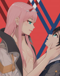 Rule 34 | 10s, 1boy, 1girl, applepie (12711019), black hair, blue eyes, breasts, coat, couple, darling in the franxx, fringe trim, green eyes, hair ornament, hairband, hands on another&#039;s face, height difference, hetero, highres, hiro (darling in the franxx), horns, lipstick, long hair, looking at another, makeup, military, military uniform, no bra, oni horns, open clothes, open coat, pink hair, red horns, short hair, topless male, uniform, white coat, white hairband, zero two (darling in the franxx)