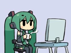 Rule 34 | 1girl, blush stickers, chan co, chibi, computer, cup, detached sleeves, green hair, hair ornament, hatsune miku, headphones, long hair, monitor, mug, necktie, non-web source, simple background, sitting, skirt, solo, steam, vocaloid