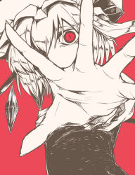Rule 34 | 1girl, aiming, aiming at viewer, flandre scarlet, from side, hand up, hat, looking at viewer, mob cap, monochrome, open hand, red background, red eyes, red theme, short sleeves, side ponytail, simple background, slit pupils, solo, spot color, touhou, upper body, vest, wings, yume (i think.)