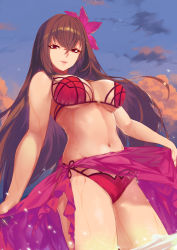 Rule 34 | 1girl, bare arms, bare shoulders, bikini, blue sky, breasts, brown hair, ceda (dace), cleavage, clothes lift, cloud, cowboy shot, day, dutch angle, fate (series), flower, from below, hair between eyes, hair flower, hair ornament, highres, large breasts, lifted by self, lips, long hair, looking at viewer, looking down, navel, outdoors, parted lips, pink bikini, red eyes, sarong, sarong lift, scathach (fate), scathach (fate/grand order), scathach (swimsuit assassin) (fate), see-through, sky, smile, solo, standing, stomach, straight hair, swimsuit, thighs, tsurime, underboob, very long hair, wading, water, wet