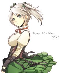 Rule 34 | 10s, 1girl, black gloves, blush, choker, ciel alencon, corset, fingerless gloves, gloves, god eater, god eater 2: rage burst, green eyes, grey hair, hair ribbon, happy birthday, highres, kabocha (conoa122a), looking at viewer, ribbon, ribbon choker, short twintails, simple background, skirt, solo, twintails, white background, wind