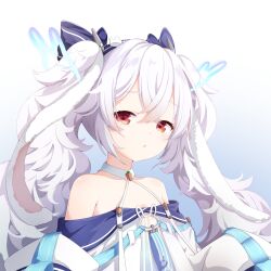 Rule 34 | 1girl, absurdres, animal ears, azur lane, bare shoulders, blue ribbon, collarbone, crossed bangs, dress, fake animal ears, gradient background, hair ornament, hair ribbon, halterneck, hands up, highres, laffey (azur lane), laffey ii (azur lane), long hair, looking at viewer, parted lips, rabbit ears, rabbit hair ornament, red eyes, ribbon, simple background, sleeves past fingers, sleeves past wrists, solo, twintails, upper body, white dress, white hair, z-wumi