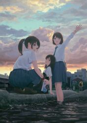 Rule 34 | 3girls, arm up, black eyes, black hair, black socks, blue necktie, blue skirt, bracelet, brown footwear, camera, commentary request, highres, holding, holding camera, jewelry, loafers, long hair, looking at viewer, multiple girls, necktie, open mouth, original, pleated skirt, ponytail, shoes, short hair, short sleeves, sitting, skirt, sleeves rolled up, smile, socks, squatting, standing, sunset, yakikoke