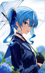 1girl :p absurdres asymmetrical_hair black_gloves blue_choker blue_eyes blue_flower blue_hair blue_neckerchief blue_ribbon blue_serafuku blue_shirt blush breasts choker closed_mouth commentary flower from_side gloves hair_between_eyes hair_ornament hair_ribbon highres holding holding_umbrella hololive hoshimachi_suisei hoshimachi_suisei_(school_uniform) looking_at_viewer medium_hair neckerchief official_alternate_costume ribbon school_uniform serafuku shirt side_ponytail simple_background small_breasts smile solo standing star_(symbol) star_hair_ornament star_in_eye symbol_in_eye tongue tongue_out twitter_username umbrella upper_body virtual_youtuber wet wet_hair white_background zakimpo