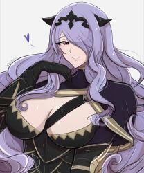 Rule 34 | 1girl, armor, artist name, breasts, camilla (fire emblem), cleavage, fire emblem, fire emblem fates, hair over one eye, highres, large breasts, long hair, nintendo, omiza somi, purple eyes, purple hair, simple background, solo, tiara, upper body