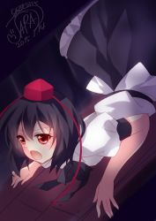 Rule 34 | 1girl, 2015, bad id, bad pixiv id, black hair, black skirt, blush, collared shirt, d:, d:&lt;, dated, hat, implied sex, looking at viewer, mikazuki sara, on floor, open mouth, red eyes, ribbon, shameimaru aya, shirt, signature, skirt, solo, tokin hat, top-down bottom-up, touhou, v-shaped eyebrows, white shirt