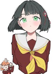 Rule 34 | 2girls, :d, absurdres, afterimage, black hair, blush, brown dress, clapping, closed mouth, commentary, crossed bangs, dress, flower knot, green eyes, hasu no sora school uniform, highres, hinoshita kaho, light frown, link! like! love live!, liz (piyoko piyop), long sleeves, looking up, love live!, medium hair, momose ginko, multiple girls, neckerchief, open mouth, orange hair, red neckerchief, sailor collar, sailor dress, school uniform, simple background, smile, solo focus, virtual youtuber, white background, white sailor collar, winter uniform, yellow neckerchief, | |