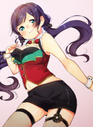 Rule 34 | 10s, 1girl, bare shoulders, breasts, fishnet thighhighs, fishnets, gradient background, green eyes, long hair, looking at viewer, love live!, love live! school idol festival, love live! school idol project, mofun, navel, purple hair, smile, solo, thighhighs, tojo nozomi, twintails