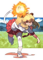Rule 34 | 1girl, animal ears, baseball, blonde hair, boots, fireball, grasslands, highres, kemono friends, kemono friends 3, lion (kemono friends), lion tail, long hair, mountainous horizon, nishiki kazue, outdoors, pitching, pleated skirt, short sleeves, skirt, solo, tail, thighhighs, throwing, white thighhighs, yellow eyes