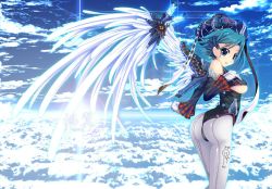 Rule 34 | 1girl, aqua hair, ass, bad id, bad pixiv id, breasts, day, detached sleeves, ear ornament, feathered wings, from side, gloves, green hair, hand on own chest, kirise mitsuru, leggings, lens flare, looking at viewer, mechanical wings, medium breasts, original, parted lips, short hair, sky, solo, underboob, white gloves, wings