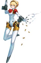 1girl aegis_(persona) android armband blonde_hair blue_eyes bow bowtie finger_cannon full_body hair_between_eyes hand_up highres joints looking_at_viewer non-web_source official_art parted_lips persona persona_3 persona_3_reload red_armband red_bow red_bowtie robot_ears robot_joints s.e.e.s seven_knights shell_casing short_hair solo standing standing_on_one_leg transparent_background