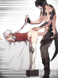 Rule 34 | 1boy, 1girl, absurdres, alisaie leveilleur, au ra, bent over, black gloves, black hair, blush, boots, bottomless, braid, censored, clothes pull, commentary, commission, dragon horns, dragon tail, elezen, elf, english commentary, final fantasy, final fantasy xiv, fingerless gloves, from side, glasses, gloves, grabbing another&#039;s hair, hand on another&#039;s ass, hetero, high heel boots, high heels, highres, horns, long hair, long sleeves, meolucky147, mosaic censoring, motion lines, pants, pants pull, penis, pointy ears, ranier layarte, red gloves, red shirt, scales, sex, sex from behind, shirt, table, tail, thigh boots, thighhighs, tiptoes, topless male, trembling, warrior of light (ff14), white footwear, white hair