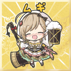 Rule 34 | 1girl, :d, ^ ^, ahoge, beer mug, bikkuriman (style), black bow, black footwear, blush, bow, braid, breasts, brown hair, character name, chibi, cleavage, closed eyes, cup, detached sleeves, dress, closed eyes, facing viewer, flower knight girl, foam, full body, hair ornament, hammer, hat, hat bow, head scarf, holding, holding cup, holding hammer, kneehighs, large breasts, light brown hair, long hair, long sleeves, mary janes, mug, mugi (flower knight girl), nose blush, open mouth, outstretched arm, parody, ri-net, shoes, smile, socks, solo, strapless, strapless dress, twin braids, white dress, white socks, white sleeves, wide sleeves