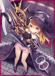 Rule 34 | &gt;:), 1girl, akkijin, black gloves, blonde hair, card (medium), carpet, gloves, hat, holding, holding weapon, indoors, looking at viewer, looking up, magical girl, official art, polearm, red carpet, red eyes, shinkai no valkyrie, short shorts, shorts, spear, weapon, witch hat