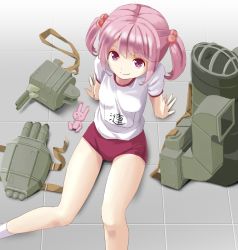 Rule 34 | 10s, 1girl, arm support, buruma, from above, gym uniform, hair bobbles, hair ornament, kantai collection, looking at viewer, looking up, machinery, pink eyes, pink hair, rabbit, sazanami (kancolle), shimouki izui, sitting, smile, twintails, white legwear