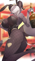 Rule 34 | 1girl, alcohol, animal ears, ass, black footwear, black horns, black skin, bottle, breasts, colored skin, crown, cup, drinking glass, fake animal ears, fishnet pantyhose, fishnets, highres, holding, holding bottle, horns, ill (ub1mo), large breasts, legs, leotard, long hair, open mouth, original, pantyhose, playboy bunny, rabbit ears, shoes, smile, tail, thighs, ub1mo, white hair, yellow eyes