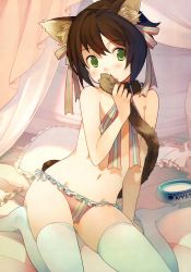 Rule 34 | 1girl, absurdres, akinashi yuu, animal ears, bowl, brown hair, cat ears, cat tail, collar, flat chest, green eyes, hair ribbon, highres, navel, no shoes, panties, pet bowl, pillow, ribbon, scan, short hair, side-tie panties, sitting, solo, tail, thighhighs, topless, underwear, underwear only, wariza, white thighhighs