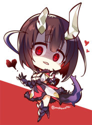 Rule 34 | 1girl, artist name, black gloves, breasts, broken horn, brown hair, capelet, chibi, cleavage, dress, elbow gloves, eriko (princess connect!), fur trim, gauntlets, gloves, hair between eyes, heart, horns, komowata haruka, large breasts, looking at viewer, open mouth, princess connect!, red dress, red eyes, shaded face, short hair, solo, spiked tail, symbol-shaped pupils, tail