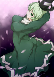 Rule 34 | 1girl, arms behind head, arms up, ass, breasts, dress, female focus, green eyes, green hair, hat, impossible clothes, impossible dress, large breasts, long sleeves, matching hair/eyes, pandain, profile, short hair, smile, smirk, soga no tojiko, solo, tate eboshi, touhou