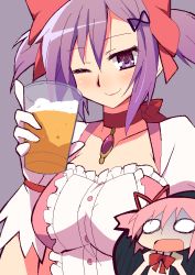 Rule 34 | 2girls, 9law, alcohol, bad id, bad pixiv id, beer, breasts, cosplay, cup, face, gloves, hair ribbon, kaname junko, kaname madoka, kaname madoka (cosplay), large breasts, mahou shoujo madoka magica, mahou shoujo madoka magica (anime), mature female, mother and daughter, multiple girls, o o, oekaki, one eye closed, open mouth, parody, pink hair, purple eyes, purple hair, revision, ribbon, short twintails, smile, twintails, wink