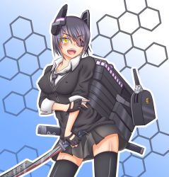 Rule 34 | &gt;:d, 10s, 1girl, :d, black hair, black skirt, black thighhighs, blush, breasts, cardigan, checkered clothes, checkered necktie, checkered neckwear, covered erect nipples, eyepatch, gloves, headgear, holding, holding sword, holding weapon, joker (bake-monogatari), kantai collection, looking at viewer, machinery, medium breasts, miniskirt, necktie, one eye covered, open mouth, partially fingerless gloves, scabbard, school uniform, sheath, short hair, skirt, smile, solo, sword, tenryuu (kancolle), thighhighs, turret, v-shaped eyebrows, weapon, yellow eyes