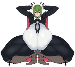 Rule 34 | 1girl, alternate breast size, alternate costume, antennae, arms up, belt, black cape, black eyes, boots, breasts, cape, collared shirt, covered erect nipples, curvy, eyelashes, gigantic breasts, green hair, layered shirt, legs, pantyhose under shorts, long sleeves, muscular, nipples visible through clothes, open mouth, pantyhose, red cape, shirt, short shorts, shorts, solo, spacezin, thick thighs, thighs, toned, touhou, white shirt, wing collar, worried, wriggle nightbug