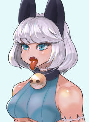 Rule 34 | 1girl, 27 degrees, bare shoulders, bell, blue background, blue eyes, bob cut, breasts, cat girl, collar, crop top, fangs, highres, ms. fortune (skullgirls), neck bell, open mouth, scar, short hair, skullgirls, solo, tongue, tongue out, underboob, upper body, white hair