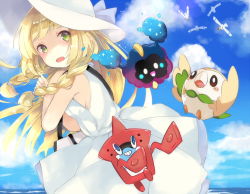 Rule 34 | 1girl, bag, bare shoulders, blonde hair, blue ribbon, blue sky, blunt bangs, blush, braid, breasts, cloud, collared dress, commentary request, cosmog, creatures (company), day, dress, game freak, gen 3 pokemon, gen 4 pokemon, gen 7 pokemon, green eyes, hat, hat ribbon, legendary pokemon, lillie (pokemon), long hair, looking at viewer, mikan no shiru, nintendo, no bra, ocean, open mouth, outdoors, pokemon, pokemon (creature), pokemon sm, ribbon, rotom, rotom dex, rowlet, sideboob, sky, sleeveless, sleeveless dress, small breasts, sun hat, sundress, twin braids, water, white dress, white hat, wingull