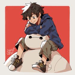 Rule 34 | 2boys, absurdres, baymax, big hero 6, black eyes, black hair, blue jacket, border, carrying, closed mouth, commentary, crossed arms, english commentary, fruiitlins, highres, hiro hamada, hood, hood down, jacket, long sleeves, looking at another, male focus, multiple boys, piggyback, red background, robot, shoes, short hair, signature, simple background, smile, sneakers, white border