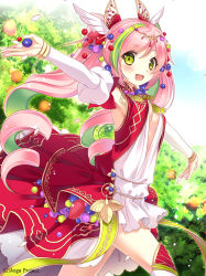 Rule 34 | 1girl, :d, ange vierge, armpits, breasts, cleavage, daikan&#039;yama ebisu, day, detached sleeves, dress, green eyes, green hair, hair between eyes, hair ornament, long hair, looking at viewer, medium breasts, multicolored hair, open mouth, outdoors, petals, pink hair, sleeveless, sleeveless dress, smile, solo, standing, twintails, two-tone hair, very long hair