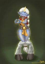 Rule 34 | 1girl, ardanid, blue skin, blush, breasts, colored skin, earrings, female focus, full body, fur, gradient background, heart, heart hands, hip focus, hooves, horns, jewelry, league of legends, long hair, lots of jewelry, nestkeeper, open mouth, ponytail, sideboob, single horn, smile, solo, soraka (league of legends), white hair, wide hips