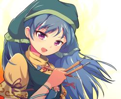 Rule 34 | 1girl, apron, arm ribbon, between fingers, blue hair, blue ribbon, bow, brush, dress, fire, flower, green apron, green headwear, green scarf, haniyasushin keiki, hansode32, head scarf, highres, holding, jewelry, leaf, long hair, looking at viewer, magatama, magatama necklace, necklace, open mouth, pink flower, pocket, puffy short sleeves, puffy sleeves, purple eyes, red bow, ribbon, scarf, short sleeves, simple background, smile, solo, touhou, upper body, white background, yellow dress