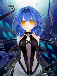 Rule 34 | 1girl, air bubble, artist name, azur lane, bare shoulders, black one-piece swimsuit, blue hair, breasts, bubble, center opening, character name, detached sleeves, hamititi nyanko, highres, looking at viewer, medium hair, nautilus (azur lane), non-humanoid robot, one-piece swimsuit, robot, robot animal, see-through, see-through one-piece swimsuit, sleeveless, small breasts, swimsuit, underwater, yellow eyes, zipper