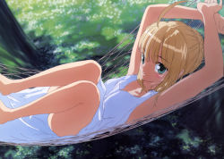 Rule 34 | 00s, absurdres, ahoge, armpits, artoria pendragon (all), artoria pendragon (fate), barefoot, blonde hair, braid, dress, fate/stay night, fate (series), forest, green eyes, hammock, highres, kuwana ikuo, nature, outdoors, saber (fate), smile, solo, white dress