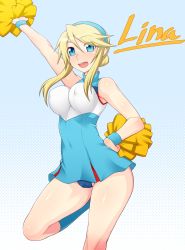 Rule 34 | 1girl, arm up, bare shoulders, blonde hair, blue eyes, bouncing breasts, breasts, cameltoe, character name, cheerleader, covered erect nipples, hairband, hand on own hip, heroman, highres, hip focus, large breasts, leg up, lina davis, long hair, open mouth, pom pom (cheerleading), solo, uniform, wristband, zin, zin (goraku hiroba)