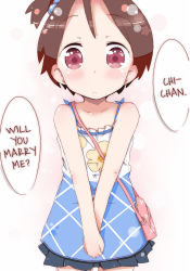 Rule 34 | 1girl, bad id, bag, blush, brown eyes, brown hair, child, frills, hachi (orange), hair bobbles, hair ornament, hard-translated, ichigo mashimaro, itou chika, own hands together, marriage proposal, short hair, side ponytail, solo, third-party edit, translated