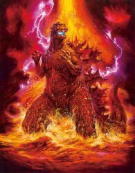 Rule 34 | atomic breath, bird, dinosaur, dust, electricity, energy, epic, eruption, explosion, fire, giant, giant monster, glowing, glowing mouth, godzilla, godzilla (series), highres, kaijuu, lava, lightning, monster, no humans, ocean, official art, ohrai noriyoshi, pink electricity, promotional art, red eyes, sea monster, seagull, smoke, spikes, the return of godzilla, toho, volcano, water
