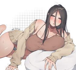 Rule 34 | 1girl, absurdres, ahoge, arm support, black hair, blush, breasts, collarbone, covered erect nipples, feet out of frame, hair between eyes, half-closed eyes, highres, huge filesize, large breasts, long sleeves, looking at viewer, lying, muroku (aimichiyo0526), no nose, off shoulder, on side, open mouth, original, plump, solo, straight hair, sweat, thick thighs, thighs, twitter username, white background