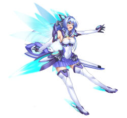 Rule 34 | 1girl, :d, black gloves, blue eyes, blue hair, blue skirt, blue wings, boots, breasts, cleavage, covered navel, elbow gloves, exs-tia, full body, gloves, hair intakes, highres, holding, holding sword, holding weapon, katsuragi marina, kouyoku senki exs-tia, kozu rokuta, legs apart, long hair, looking away, lusterise, magical girl, medium breasts, open mouth, outstretched arm, pleated skirt, reverse grip, shiny skin, skirt, smile, solo, sword, thigh boots, thighhighs, weapon, white background, white footwear, wings, zettai ryouiki